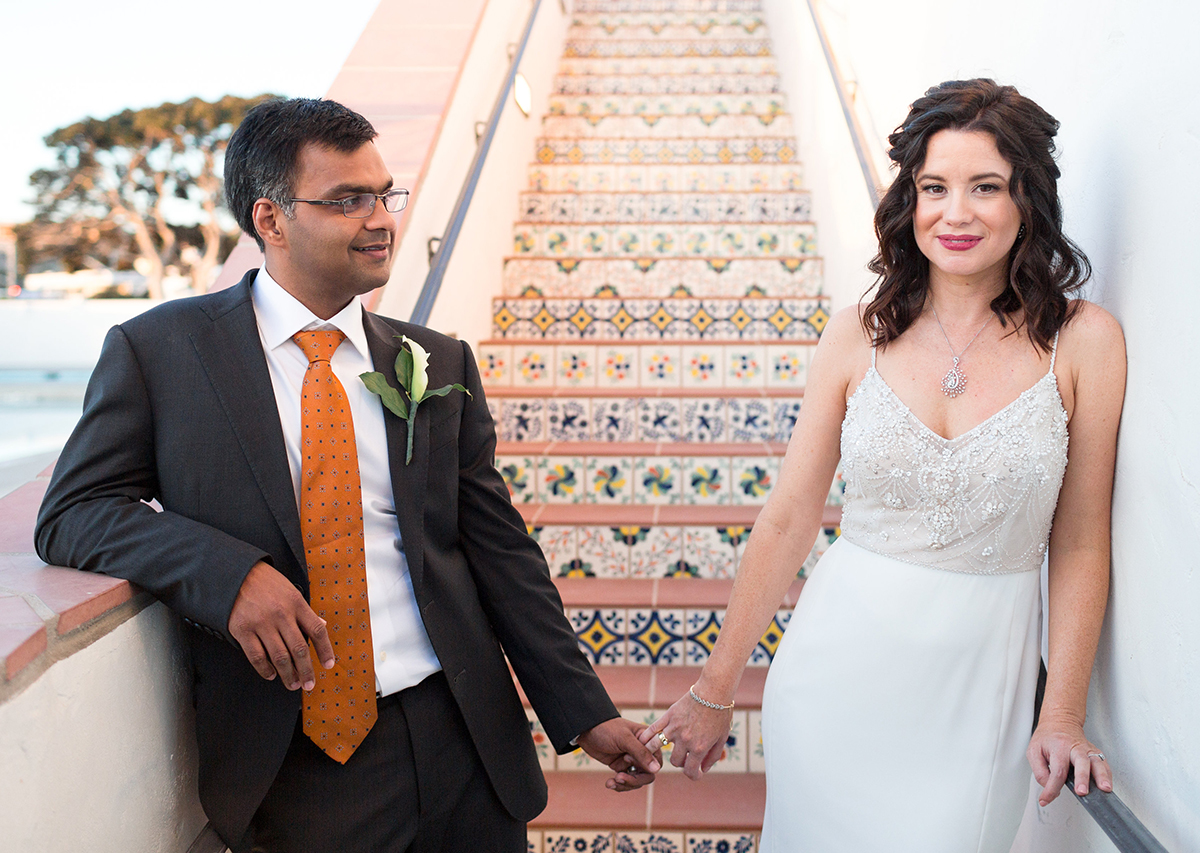 Spanish colonial inspired tiles create the perfect backdrop for wedding photos