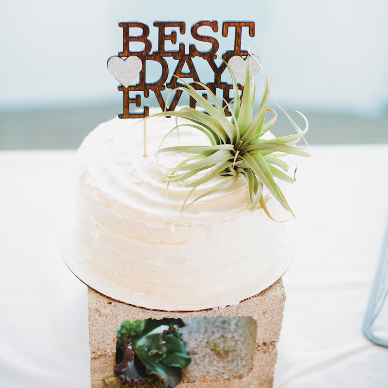 A white cake decorated with a succulent and the words Best Day Ever